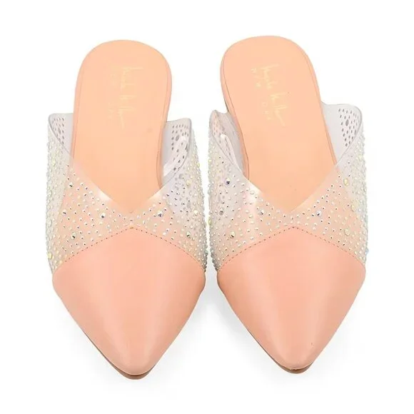 Nicole Miller ✦ Rhinestone Mule Flats ✦ Nude Sequin Pointed Toe Pull-On Style 7